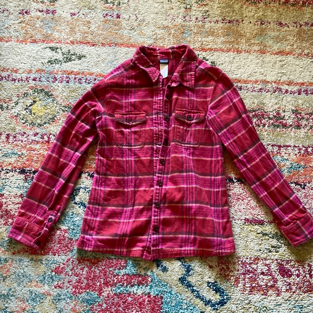 Patagonia women cotton fiord red plaid flannel button down top sz 6 small